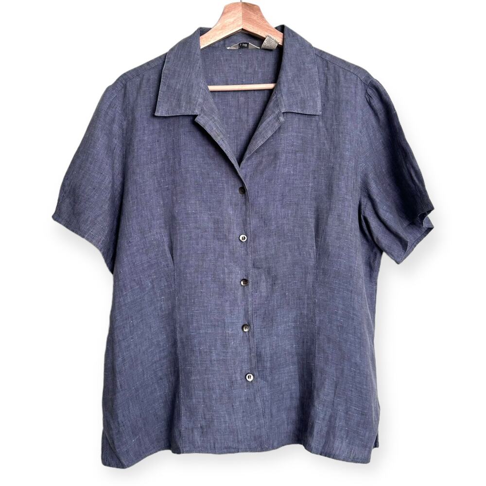 J. Jill Short Sleeve Linen-Blend Button Front Top in Blue